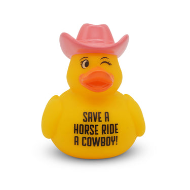 Colorful Punchkins vinyl figure of a rubber duck with "Save a Horse, Ride a Cowboy!" design, featuring cowboy hat and boots.