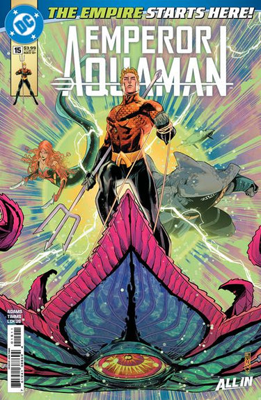 Comic book cover of Emperor Aquaman #15, Cover A by John Timms, published by DC Comics, featuring Aquaman in an underwater scene.