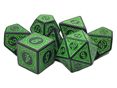 Green Rune Dice set by Old School Dice featuring magical rune symbols for RPG gaming, arranged on a clean white background.
