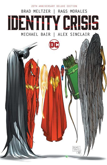DC Comics Identity Crisis 20th Anniversary Deluxe Edition hardcover graphic novel with Michael Turner cover, featuring detailed comic artwork.
