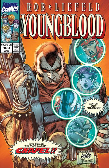 Pre-order comic featuring Youngblood #100 cover by Rob Liefeld and Todd McFarlane from Image Comics, showcasing vibrant comic art.