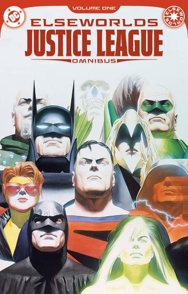 Close-up of the Elseworlds Justice League Omnibus hardcover comic book by DC Comics, featuring artwork and title on the cover.