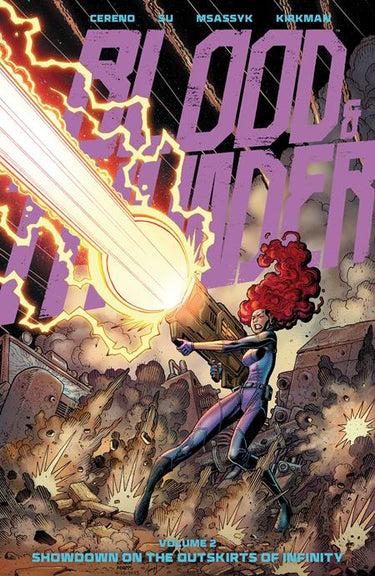 Graphic novel "Blood & Thunder" Volume 2 showing a dramatic cover with characters in a showdown, illustrated by Arthur Adams and Msassyk.