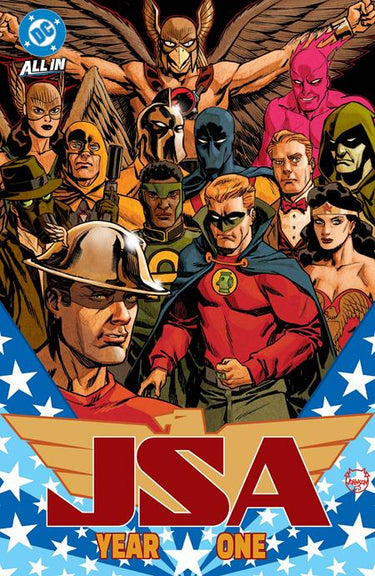 Pre-order graphic novel "Jsa 2024 TP Vol 03 Year One" by DC Comics, featuring colorful comic book cover art.