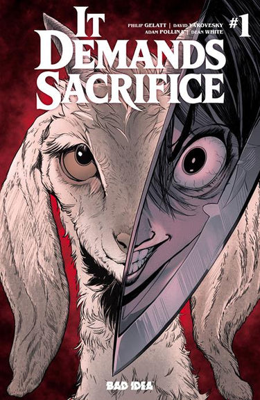 Cover art for "It Demands Sacrifice #1" comic book by Adam Pollina, published by BAD IDEA, featuring dynamic superhero imagery.