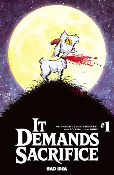 Comic book cover for "It Demands Sacrifice #1" by BAD IDEA, featuring Skottie Young foil variant art with vibrant colors and dynamic design.