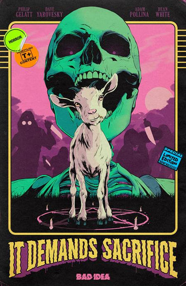 Comic book cover for "It Demands Sacrifice #1" by BAD IDEA, featuring retro artwork and dynamic character illustrations.