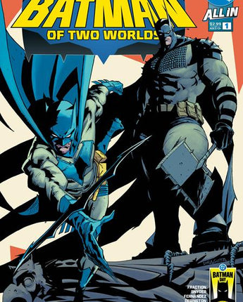 Pre-order comic book "Batman of Two Worlds" by DC Comics for Batman Day 2026, featuring Batman in a dynamic cover illustration.