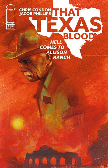 Comic book cover for "That Texas Blood Hell Comes to Allison Ranch #1" by Image Comics, featuring dark artwork by Martin Simmonds.