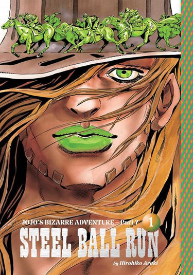 Pre-order of Jojos Bizarre Adventure Part 7 Steel Ball Run hardcover volume 1 graphic novel by Viz Media, featuring vibrant cover art.