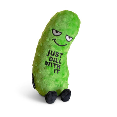 Punchkins "Just Dill With It" pickle plush toy, soft and cuddly stuffed animal with pickle design and humorous phrase.