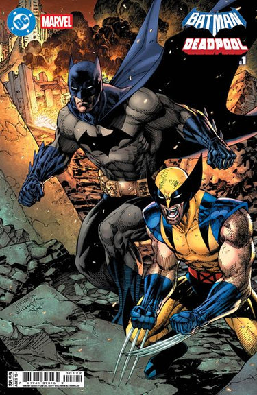 DC Comics Batman Deadpool #1 comic book featuring Jim Lee cover art with Batman and Wolverine characters on card stock variant.
