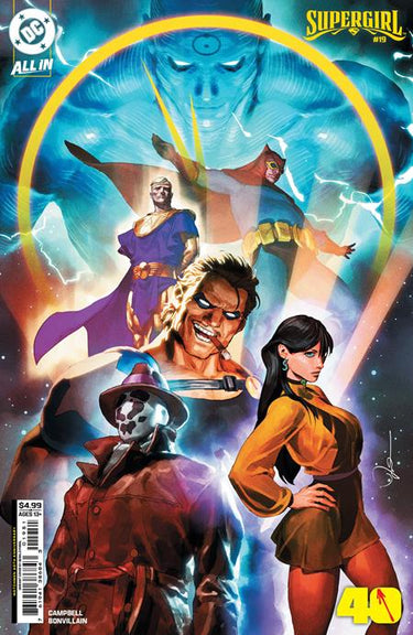 Pre-order comic featuring Supergirl #19 cover E by Gerald Parel for DC Comics, celebrating Watchmen 40th Anniversary on card stock.