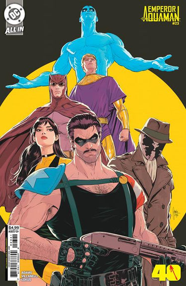 Pre-order DC Comics Emperor Aquaman #23 Cover D by Mikel Janin with Watchmen 40th Anniversary card stock variant artwork.
