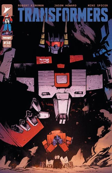 Cover B of Transformers #38 comic by Daniel Warren Johnson and Mike Spicer, featuring dynamic robot characters from Image Comics.