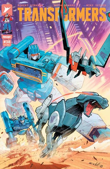 Cover art for Transformers #38 Pre-Order Comic by Image Comics featuring artwork by Valerio Schiti and Neeraj Menon.