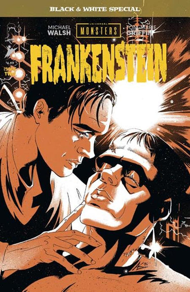 Black and white cover of Universal Monsters Frankenstein comic, pre-order issue #2, illustrated by Al Kaplan, published by Image Comics.