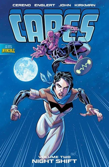 Pre-order graphic novel Invincible Universe Capes TP Vol 02 with Mark Englert cover, published by Image Comics, featuring colorful comic art.