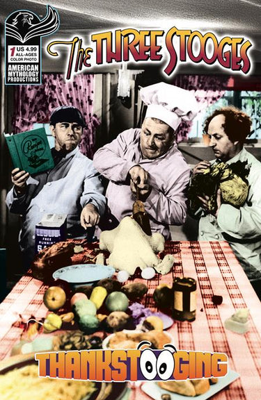 Color photo of the Three Stooges Thankstooging #1 comic cover, featuring Moe, Larry, and Curly in a humorous scene, published by Prana Publishers.