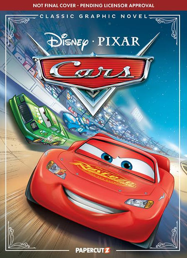 Cover of Disney Pixar Cars graphic novel by Papercutz featuring colorful cartoon characters and classic comic art.