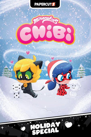 Pre-order image of Miraculous Ladybug Chibi TP Holiday Special graphic novel by Papercutz featuring colorful chibi-style Ladybug and friends.