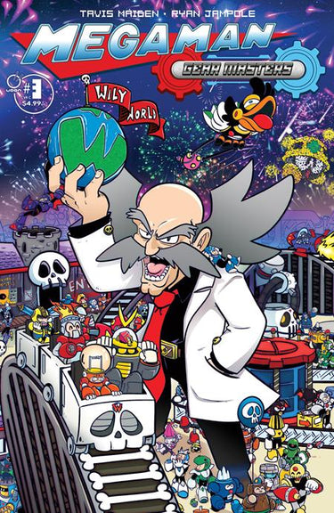 Pre-order comic cover featuring Mega Man Gear Masters #3 Tavis Maiden variation, published by UDON Entertainment, with dynamic artwork.