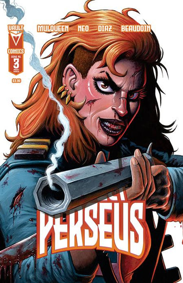 Pre-order comic book "Project Perseus #3" cover B featuring Pete Carroll variant by Vault Comics, showcasing vibrant cover art.