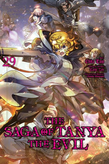 Pre-order image of Saga of Tanya the Evil Volume 29 graphic novel by Yen Press, featuring cover art with characters from the series.