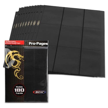 Black BCW Side Loading 18-Pocket Pro Pages for trading cards, showing multiple pages with card slots in a group image.
