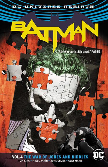 DC Comics Batman (Rebirth) graphic novel volume 4, The War of Jokes and Riddles, featuring Batman in a dynamic comic scene.
