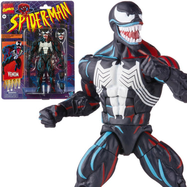 Spider-Man Retro Marvel Legends Venom 6-inch action figure by Hasbro, detailed figure with classic costume and dynamic pose.