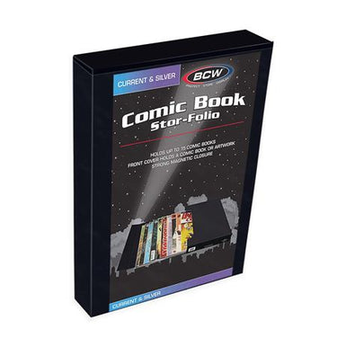 Black BCW Comic Book Stor-Folio for storing and protecting comic books, featuring a sturdy design and archival-safe materials.