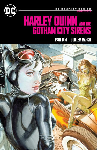 DC Comics graphic novel featuring Harley Quinn and Gotham City Sirens, comic book cover with vibrant characters and artwork.