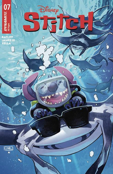 Stitch #7 comic book cover featuring Edwin Galmon artwork, published by DYNAMITE Entertainment, with vibrant superhero design.