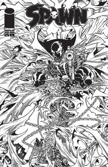 Black and white variant cover of Spawn #375 comic book by Harvey Tolibao, published by Image Comics, featuring detailed artwork.
