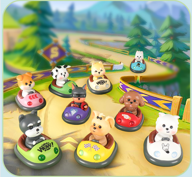 Colorful BCmini bumper car animals figurine blind box, featuring playful animal designs inside a sealed blind box packaging.