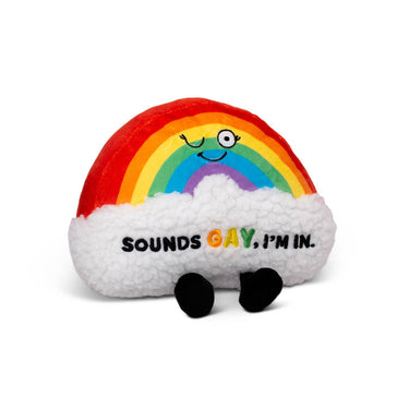Punchkins "Sounds Gay I'm In" plush toy featuring colorful embroidered lettering on soft fabric, perfect for LGBTQ+ support and comfort.