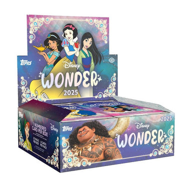 Topps Disney Wonder 2025 trading cards hobby box featuring colorful Marvel and Disney character artwork on the packaging.