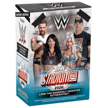 Factory sealed 2026 TOPPS Stadium Club WWE Wrestling trading card value box with collectible WWE cards in a colorful box.