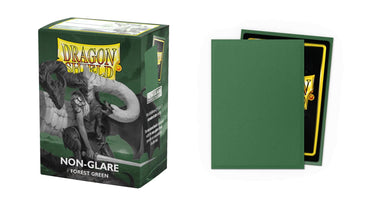 Pack of 100 Arcane Tinmen Dragon Shield non-glare forest green matte card sleeves for protecting trading and gaming cards.