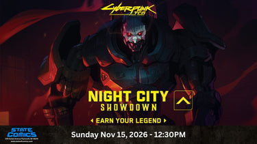 Event ticket for Cyberpunk TCG: Night City Showdown at State of Comics, featuring details of the gaming event on November 15.