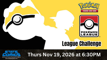Pokemon TCG League Challenge event ticket for State of Comics, featuring colorful design and event details on paper.