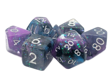 Old School Dice RPG dice set with black, blue, and purple mist particles, featuring various polyhedral dice for tabletop gaming.