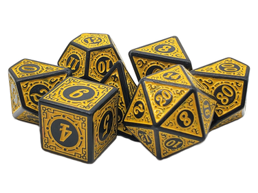 Old School Dice Rune Dice Set featuring yellow magical rune-themed polyhedral dice for tabletop RPG gaming.