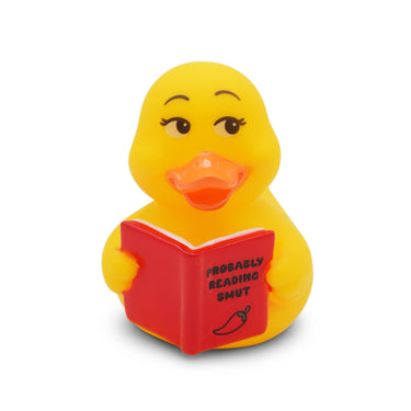 Vinyl figure of a rubber duck from Punchkins titled "Probably Reading Smut," with detailed yellow rubber duck design.