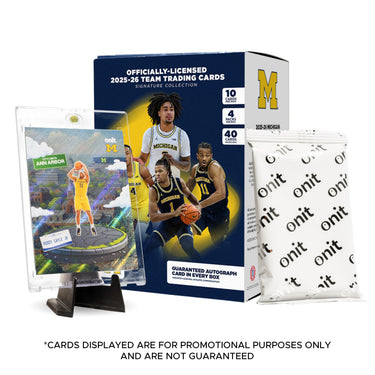 ONIT University of Michigan men's basketball 2025-26 trading cards platinum box with guaranteed autograph, featuring team and player images.