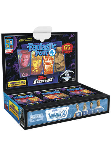 Open TOPPS 2026 Topps Finest Fantastic Four trading card hobby box showing inside cards and packaging.