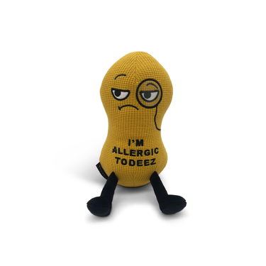 Colorful Punchkins "I'm Allergic to Deez Nutz" peanut plush toy with embroidered eyes and playful design for kids and collectors