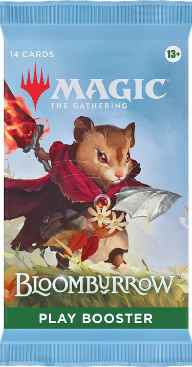 BloomBurrow Play Booster Pack for Trading Card Game by Wizards of the Coast, featuring colorful game cards and artwork.