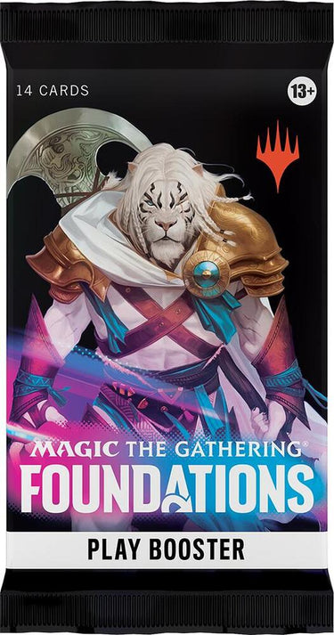 Foundations Play Booster Pack for TCG by Wizards of the Coast, featuring colorful trading card game cards and artwork.